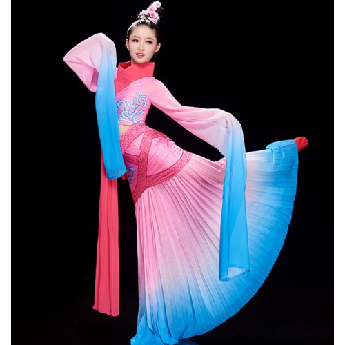 Women's chinese folk dance dresses water sleeves hanfu girls ancient traditional fairy umbrella classical dance dresses